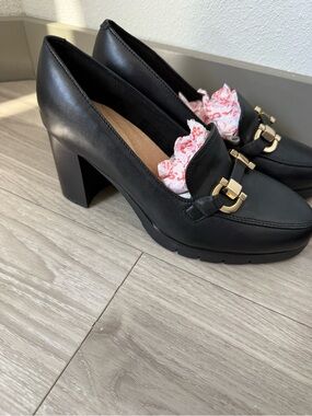 Easy Spirit Black Block Heel Loafers with Gold Buckle